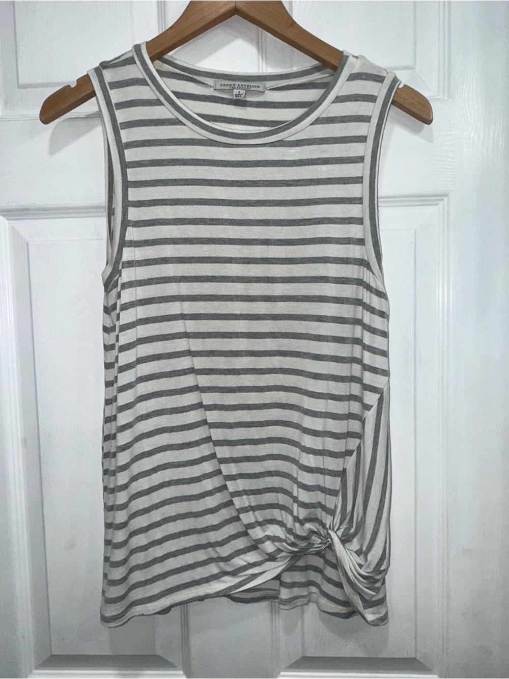 Green Envelope Gray & White Striped Knot Tank